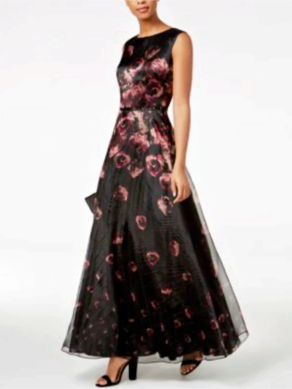 Elegant Black Floral A-Line Evening Dress
Floral Organza Maxi Dress with V-Nec